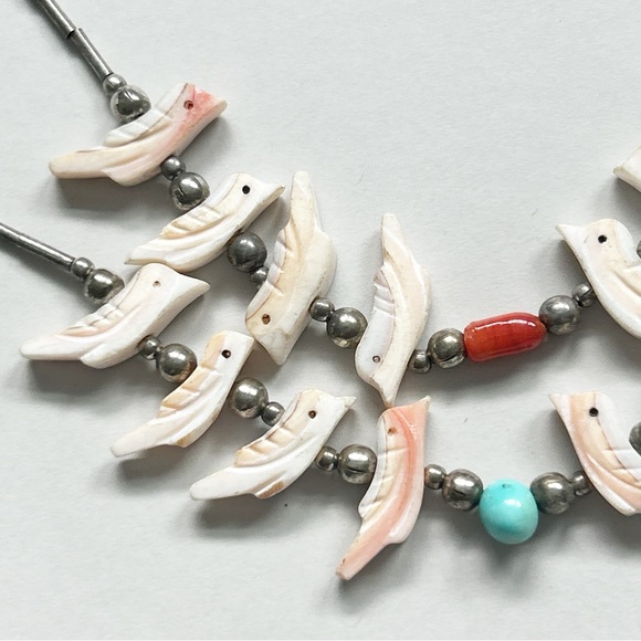 Vintage Southwestern Two Strand Fetish Turquoise Coral Sterling Silver Necklace - Picture 6 of 13